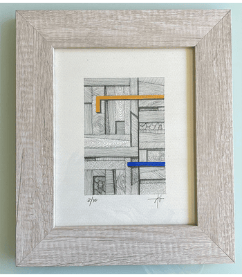 Cuadro Marco Ancho Dibujo con Plumilla Amarillo y Azul