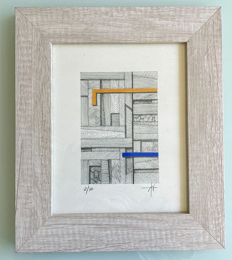 Cuadro Marco Ancho Dibujo con Plumilla Dorado y Azul