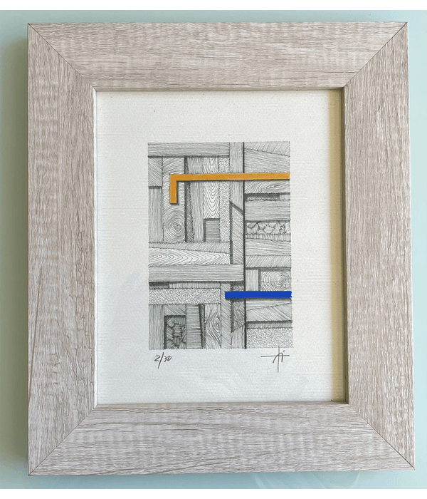 Cuadro Marco Ancho Dibujo con Plumilla Amarillo y Azul