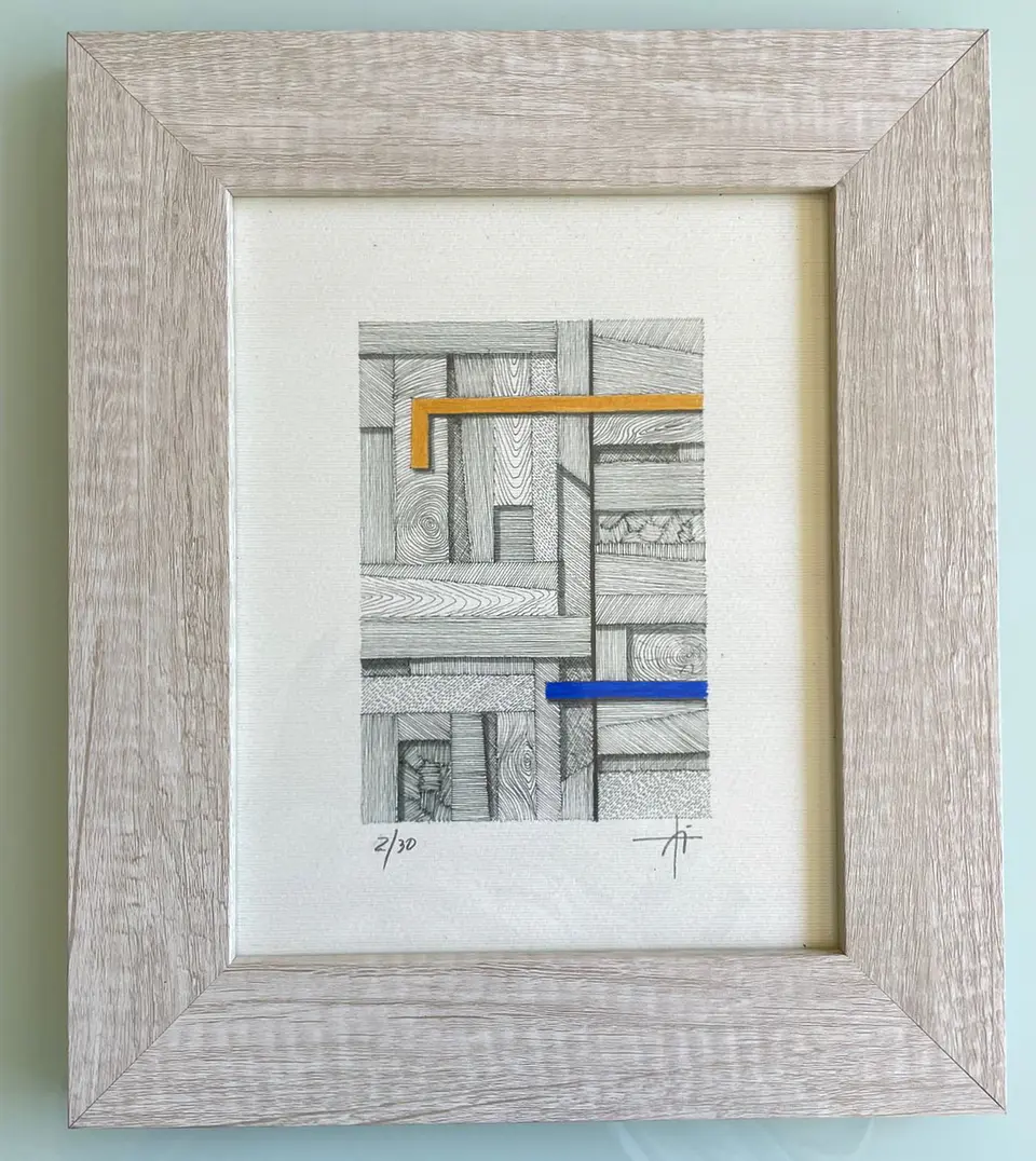 Cuadro Marco Ancho Dibujo con Plumilla Dorado y Azul 1