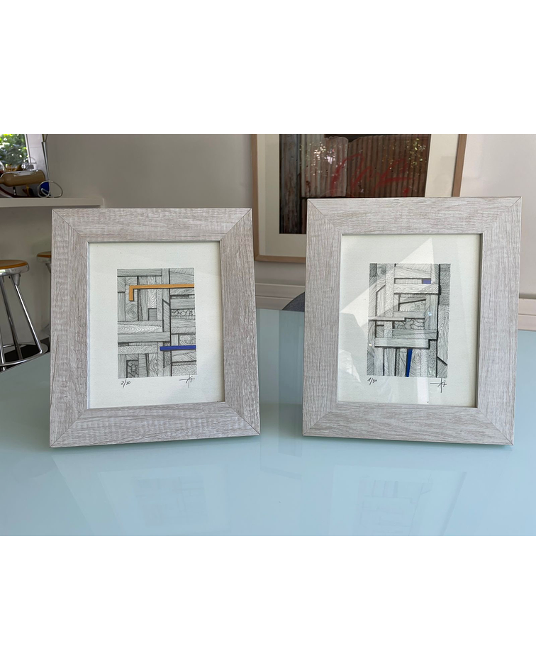 Cuadro Marco Ancho Dibujo con Plumilla Amarillo y Azul