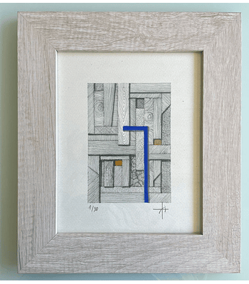 Cuadro Marco Ancho  Dibujo con Plumilla Azul y Amarillo