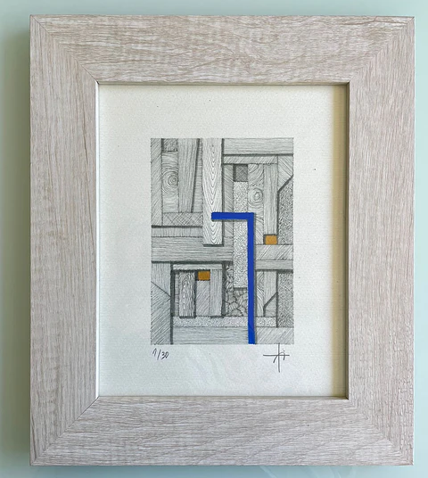 Cuadro Marco Ancho  Dibujo con Plumilla Azul y Dorado