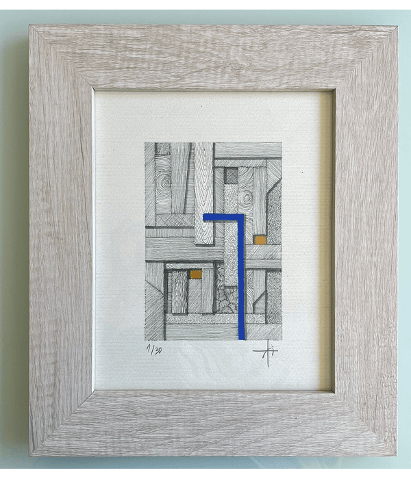 Cuadro Marco Ancho  Dibujo con Plumilla Azul y Amarillo