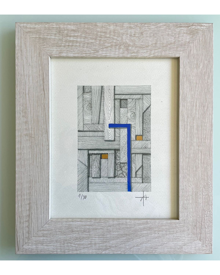 Cuadro Marco Ancho  Dibujo con Plumilla Azul y Amarillo