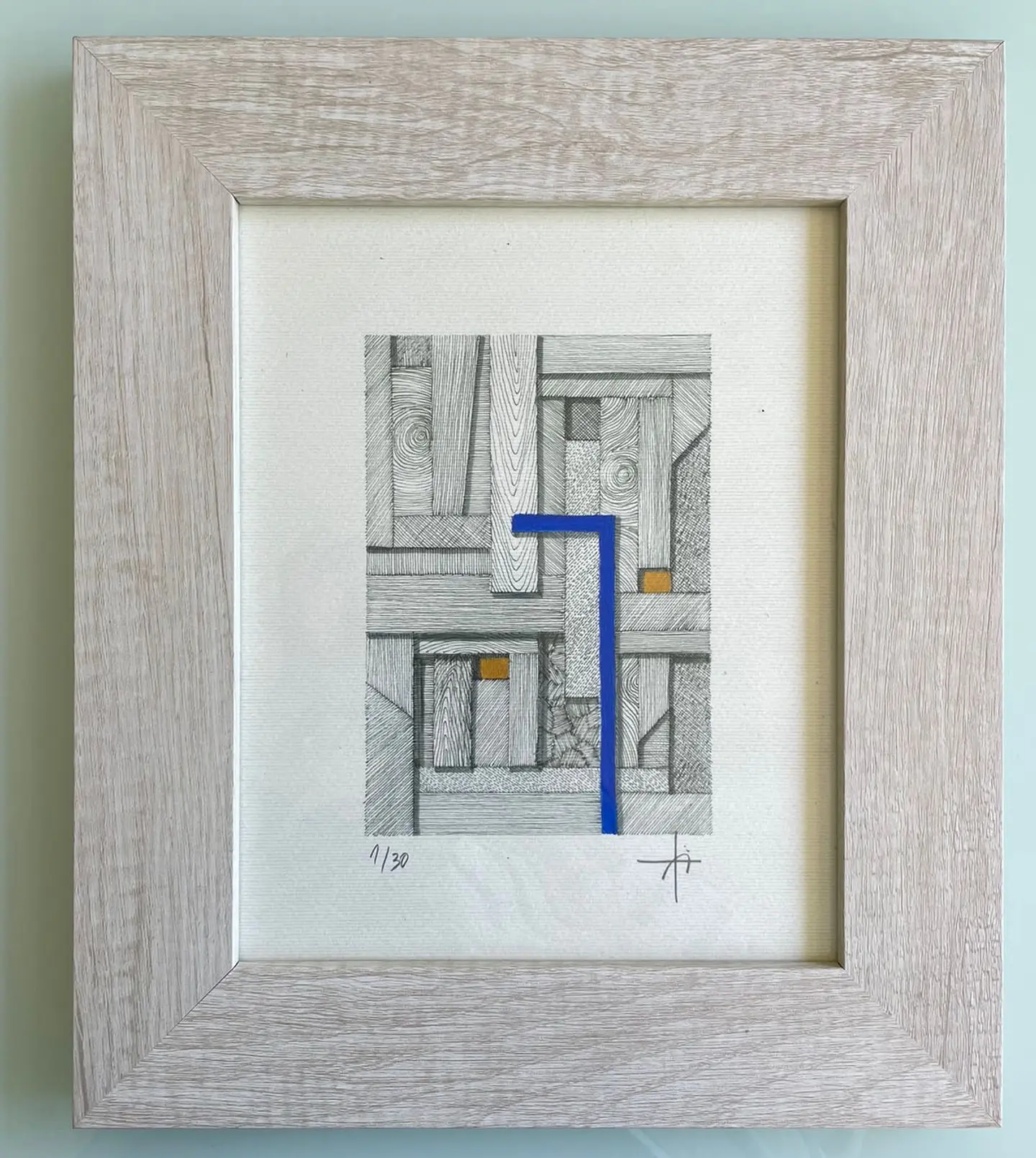 Cuadro Marco Ancho  Dibujo con Plumilla Azul y Dorado 1