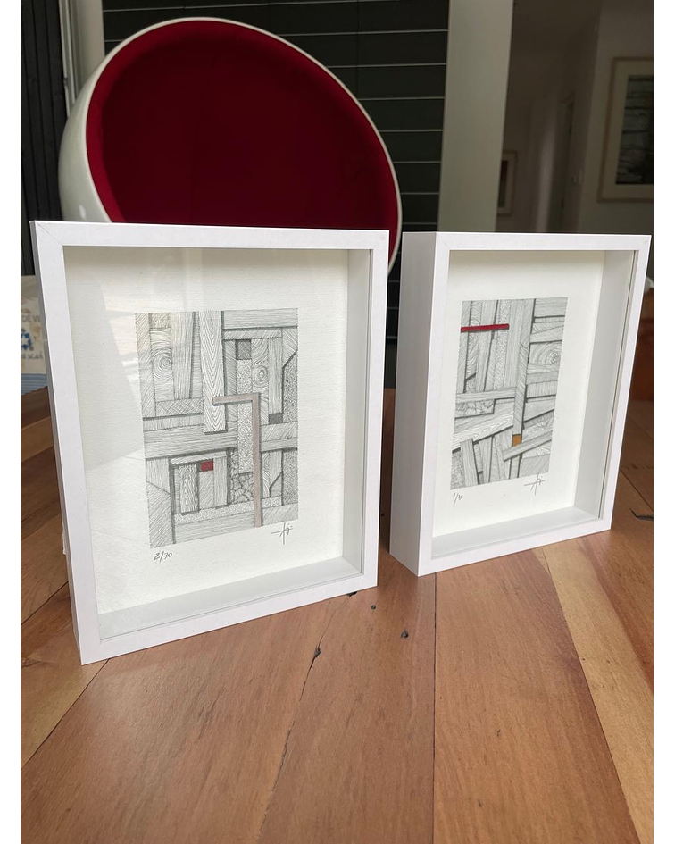 Cuadro Marco Cajón Dibujo con Plumilla Rojo y Gris