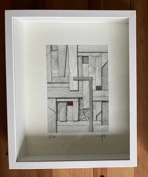Cuadro Marco Cajón Dibujo con Plumilla Rojo y Plateado