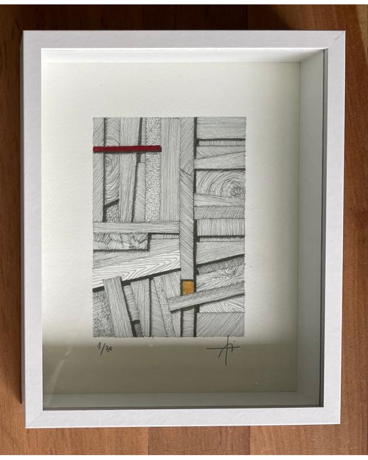 Cuadro Marco Cajón Dibujo con Plumilla Rojo y Amarillo