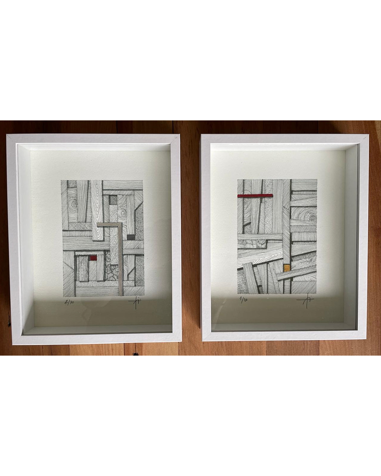 Cuadro Marco Cajón Dibujo con Plumilla Rojo y Amarillo