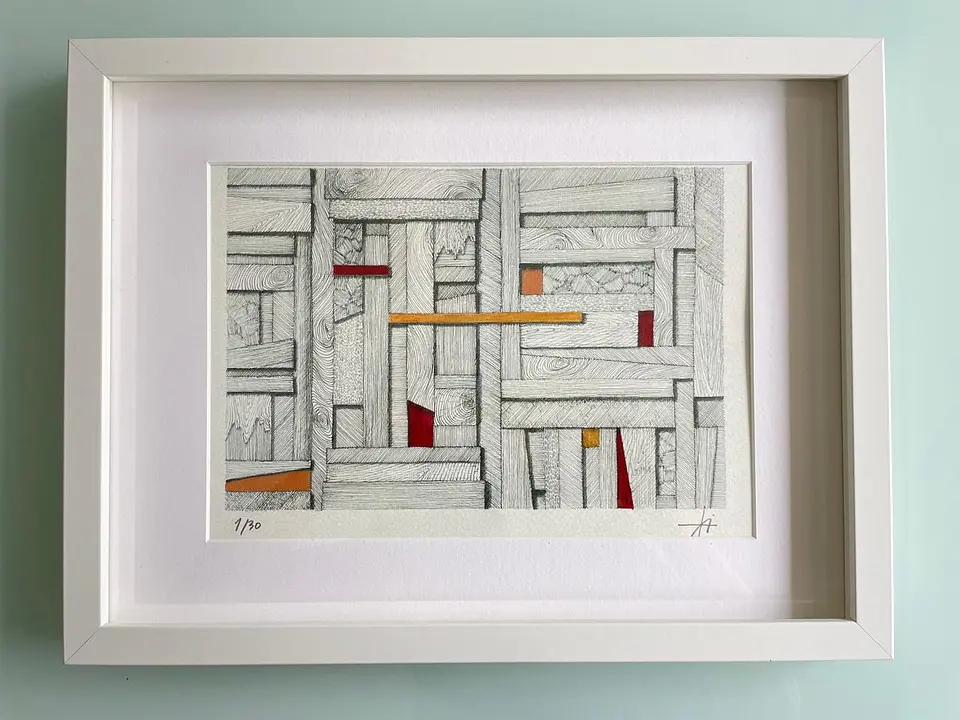 Cuadro Marco Delgado Dibujo con Plumilla Dorado,Rojo y Naranja 2
