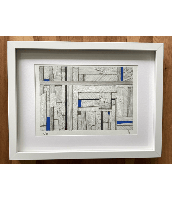 Cuadro Marco Delgado Dibujo con Plumilla Azul y Gris