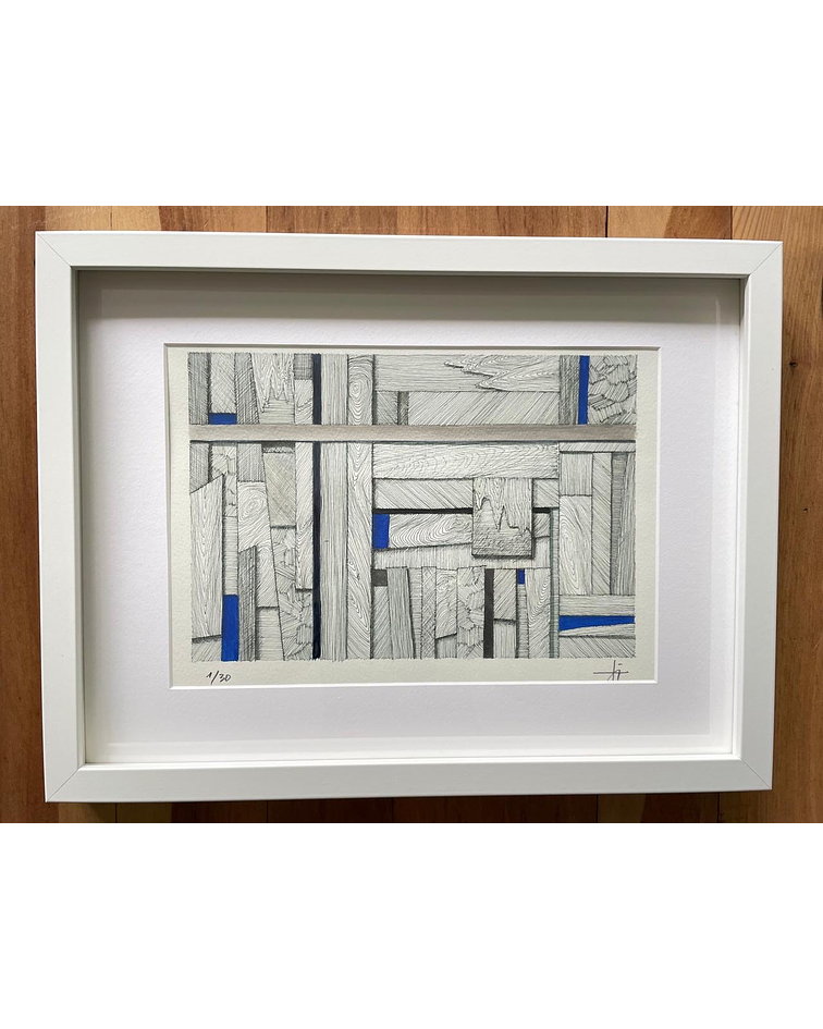 Cuadro Marco Delgado Dibujo con Plumilla Azul y Gris