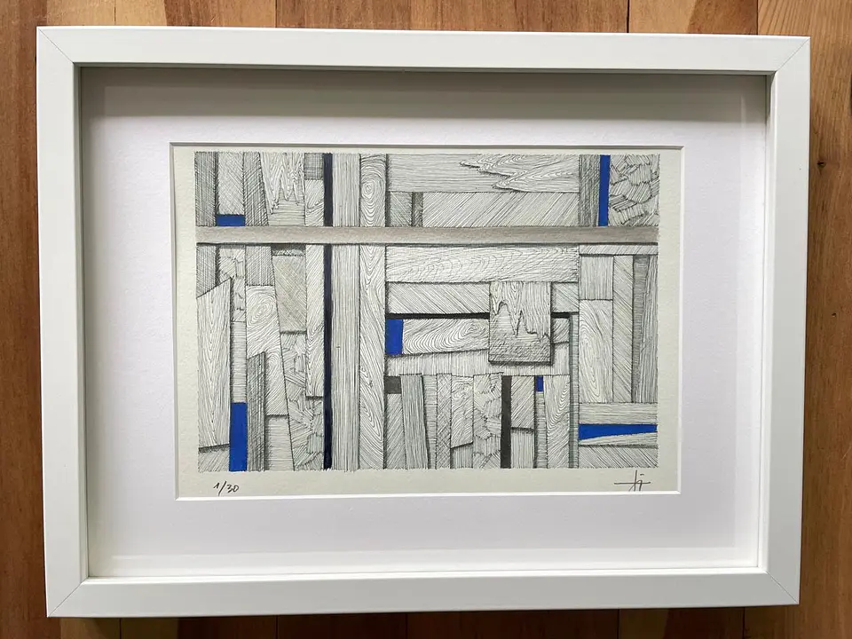 Cuadro Marco Delgado Dibujo con Plumilla Azul y Plateado 1