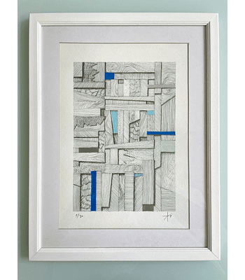 Cuadro Marco Delgado Dibujo con Plumilla Azul, Celeste y Gris