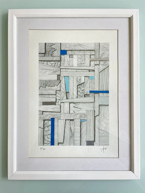 Cuadro Marco Delgado Dibujo con Plumilla Azul, Celeste y Plateado