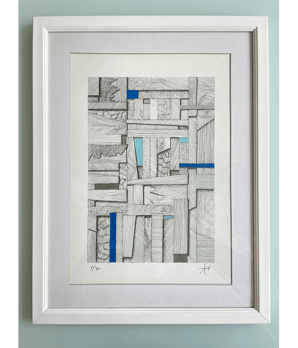 Cuadro Marco Delgado Dibujo con Plumilla Azul, Celeste y Gris