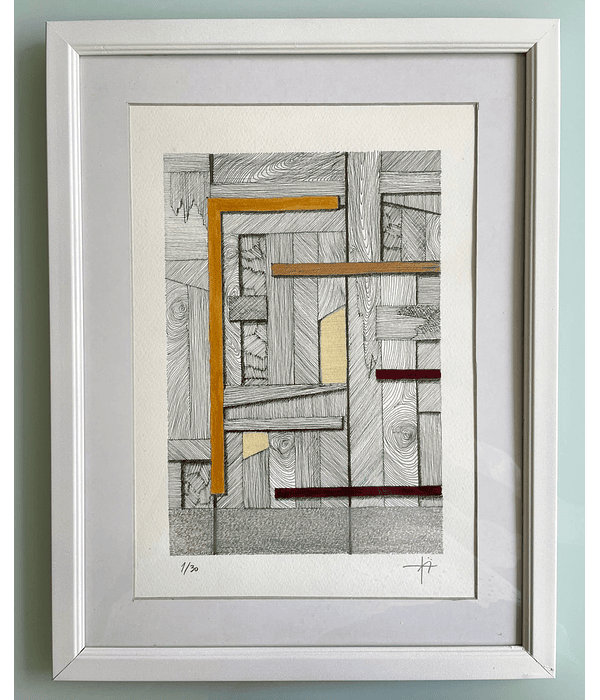 Cuadro Marco Delgado Dibujo con Plumilla Naranjo, Crema y Café