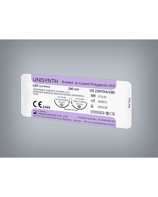 Poliglactina 910 ( UNISYNTH)  USP # 1 Aguja 1/2 circle taper cutting 40mm, 70cm