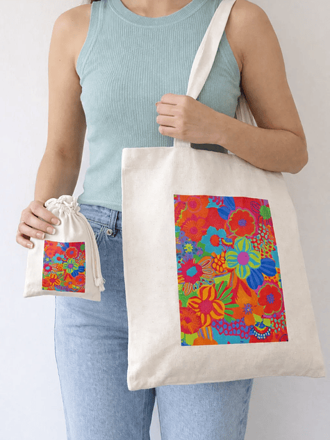 Bolso tote bag algodon 100% Jardín Tropical + empaque 1