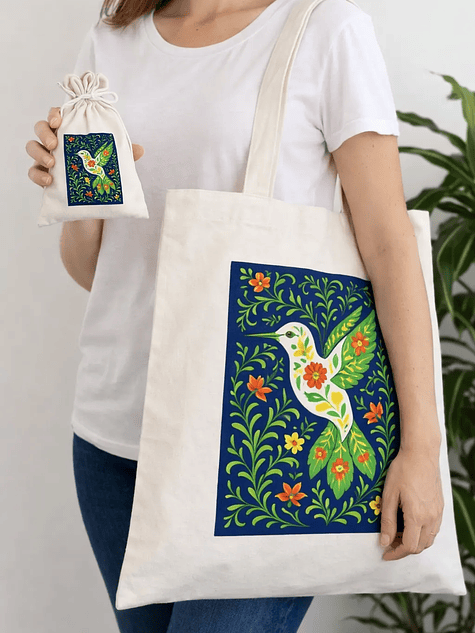 Bolso tote bag algodón 100% Colibrí + empaque 1