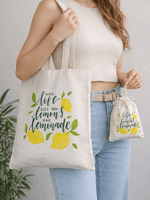 Bolso tote bag algodón 100% Limonada Positiva + empaque