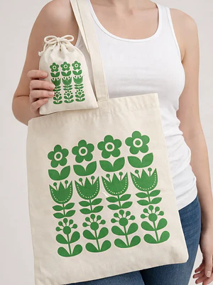 Bolso tote bag algodón 100% Flora Verde + empaque
