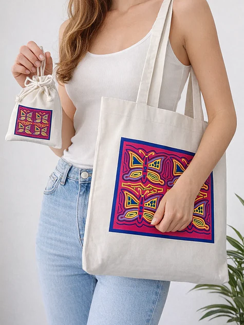 Bolso tote bag algodón 100% Mariposas Fucsia + empaque 1