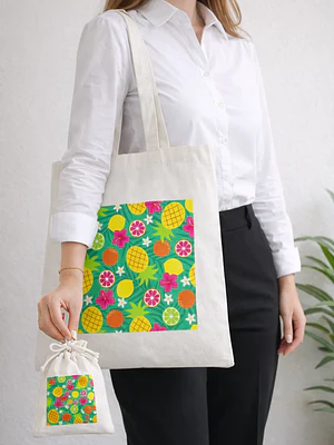 Bolso tote bag algodón 100% Frutas Tropicales + empaque