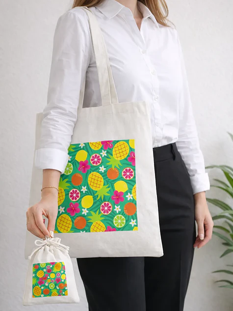 Bolso tote bag algodón 100% Frutas Tropicales + empaque 1