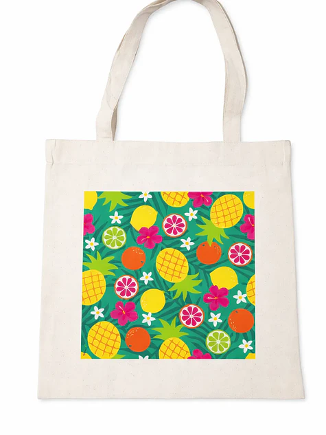 Bolso tote bag algodón 100% Frutas Tropicales + empaque 2
