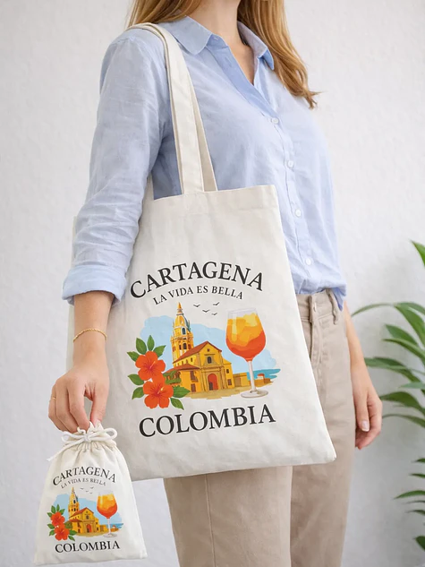Bolso tote bag algodón 100% Atardecer Cartagenero + empaque 1