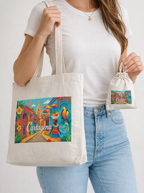 Bolso tote bag algodón 100% Ciudad Amurallada Pop + empaque 1