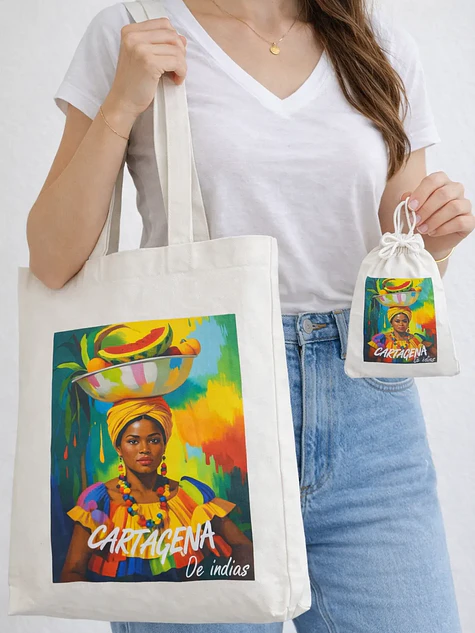 Bolso tote bag algodón 100% Palenquera Pop + empaque 1