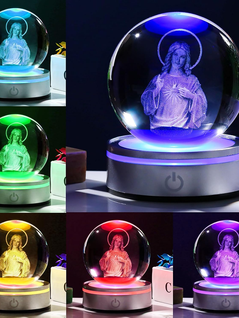 Movdyka 3D Crystal Ball Jesus Statue Christian Gift for Women & Men - Laser Engraved Sacred Heart of Jesus Figurine with Night Light Base 9