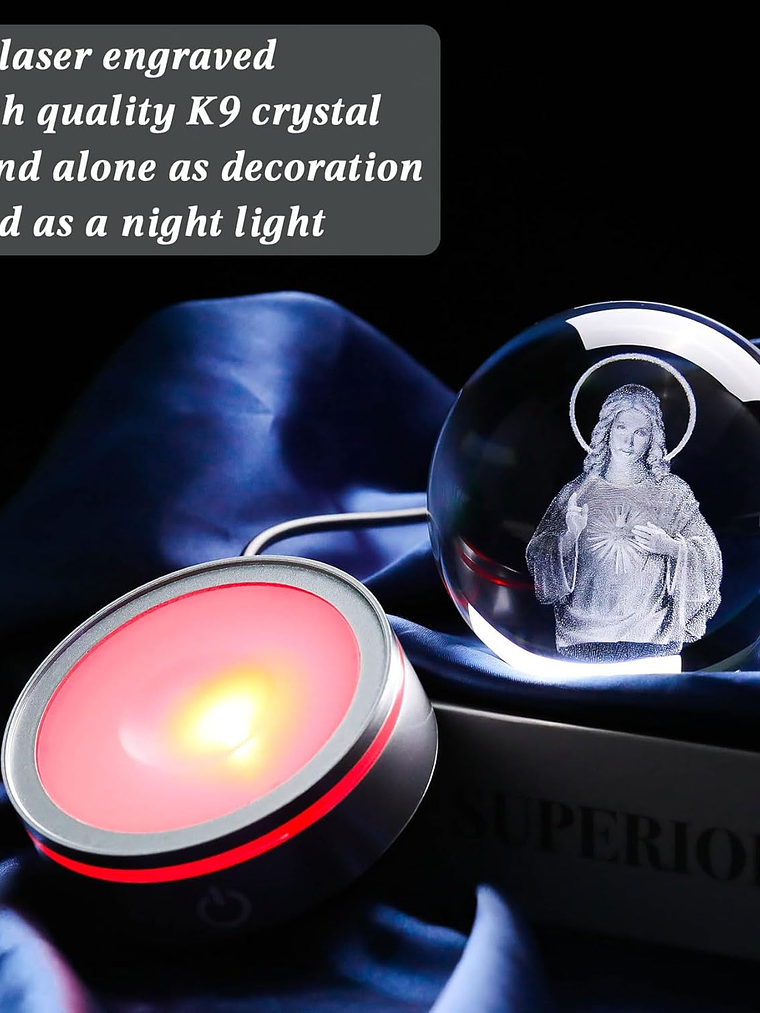 Movdyka 3D Crystal Ball Jesus Statue Christian Gift for Women & Men - Laser Engraved Sacred Heart of Jesus Figurine with Night Light Base 10