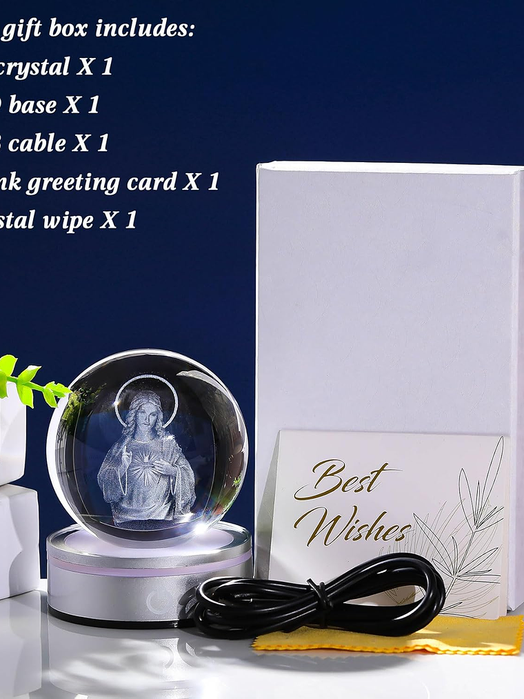 Movdyka 3D Crystal Ball Jesus Statue Christian Gift for Women & Men - Laser Engraved Sacred Heart of Jesus Figurine with Night Light Base 13