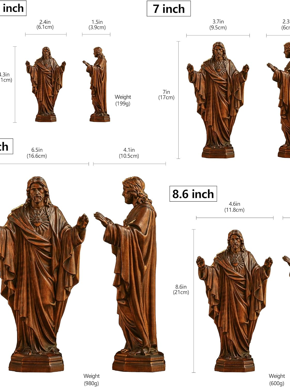 BGCOPPER Wooden Sacred Heart of Jesus Statue, Handmade Jesus Figurine Ornament, Catholic Figure Religious Gift for Home Decor Christmas - 4.3 Inch 3