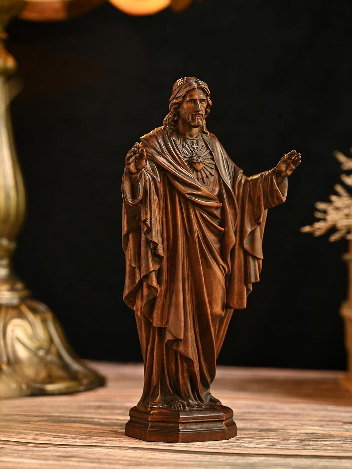 BGCOPPER Wooden Sacred Heart of Jesus Statue, Handmade Jesus Figurine Ornament, Catholic Figure Religious Gift for Home Decor Christmas - 4.3 Inch 5