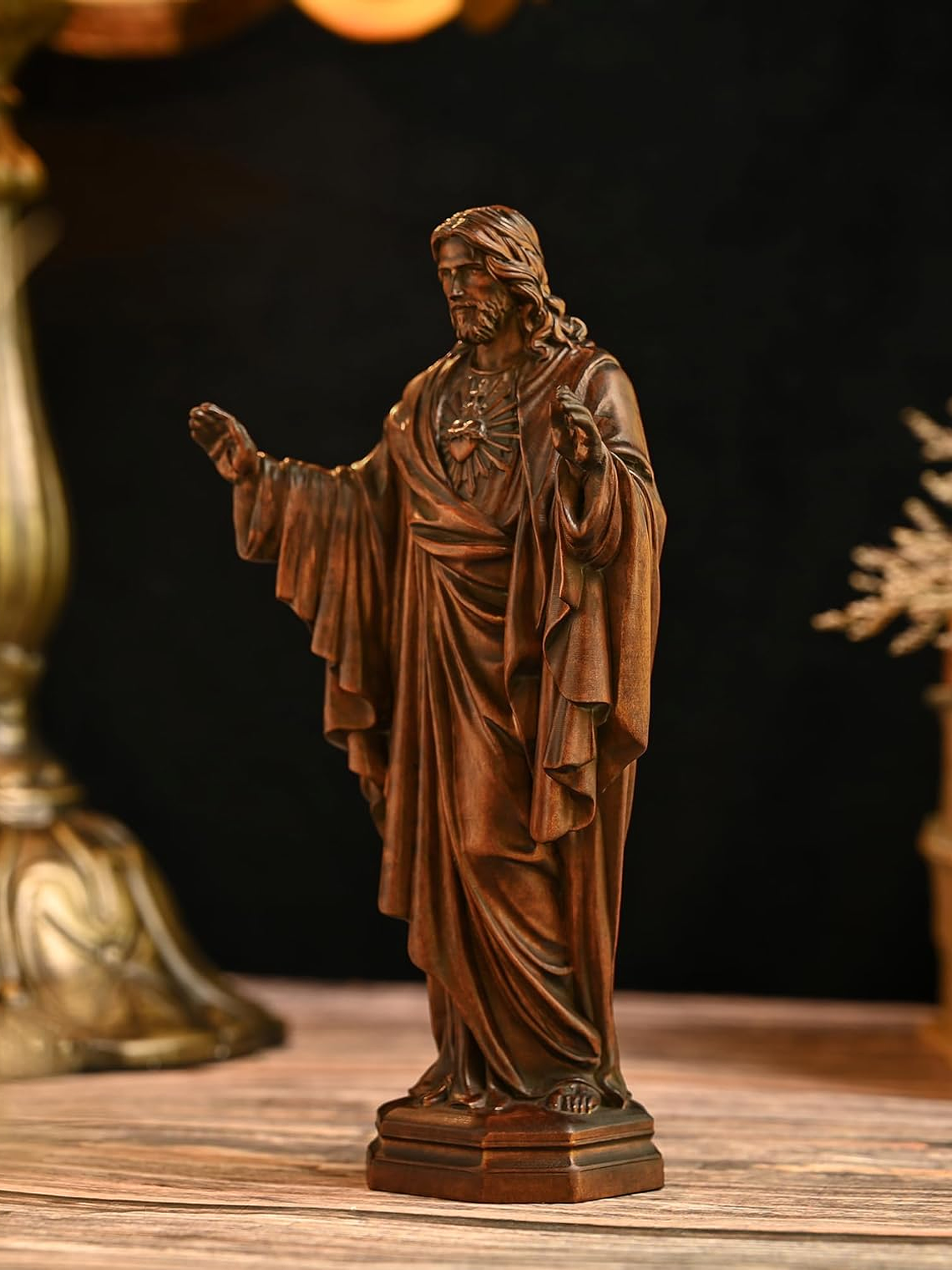 BGCOPPER Wooden Sacred Heart of Jesus Statue, Handmade Jesus Figurine Ornament, Catholic Figure Religious Gift for Home Decor Christmas - 4.3 Inch 6