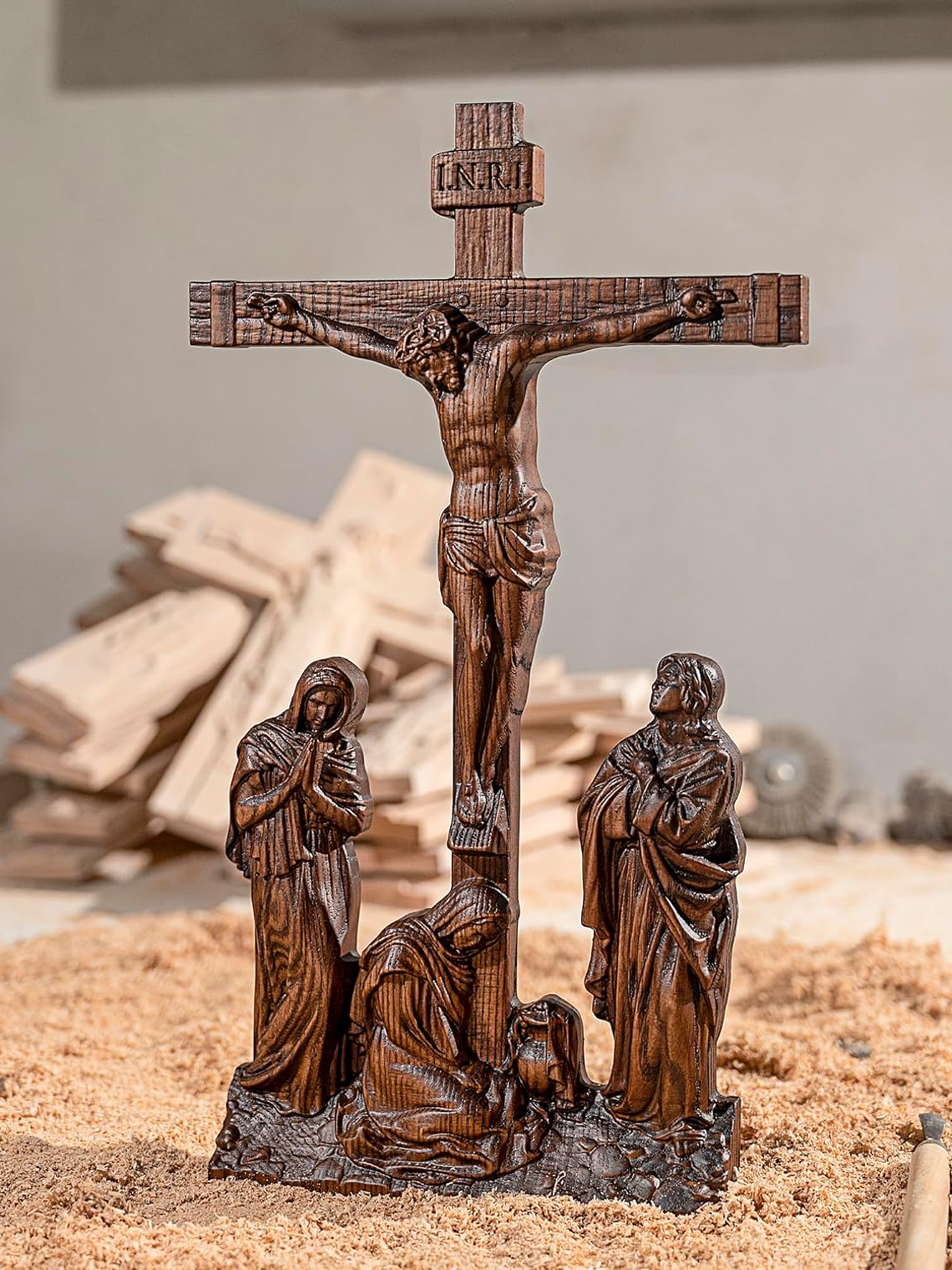 BGCOPPER Standing Crucifix Wall Cross, INRI Jesus Cross for Wall, Handmade Wooden Cross Wall Decor for Home Christmas Gift - 10 Inch 8