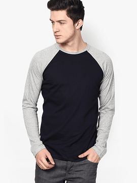 POLO RAGLAN DE ALGODON AZUL NAVY/ GRIS JASPEADO