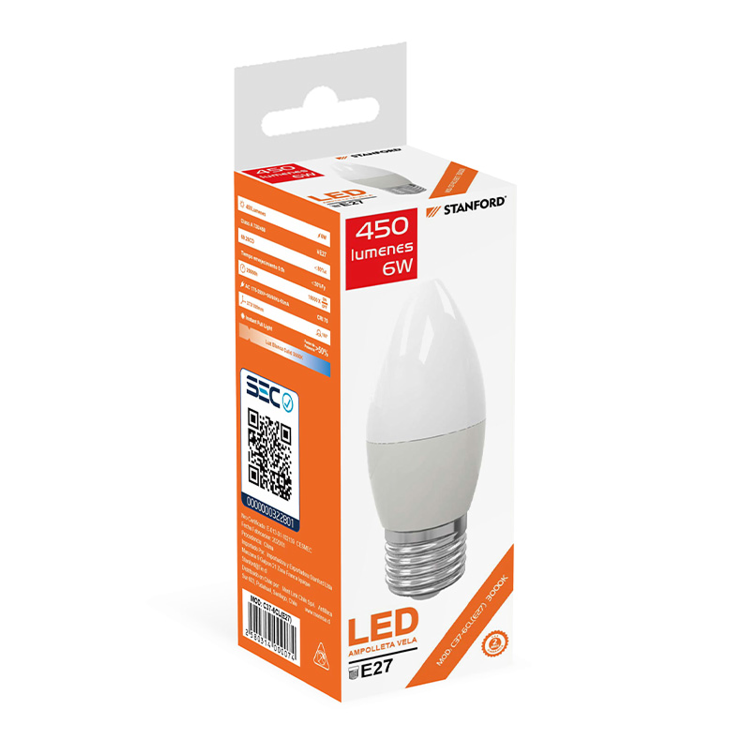 Ampolleta Led Vela 6 W E27 Luz Cálida Stanford S.e.c 1
