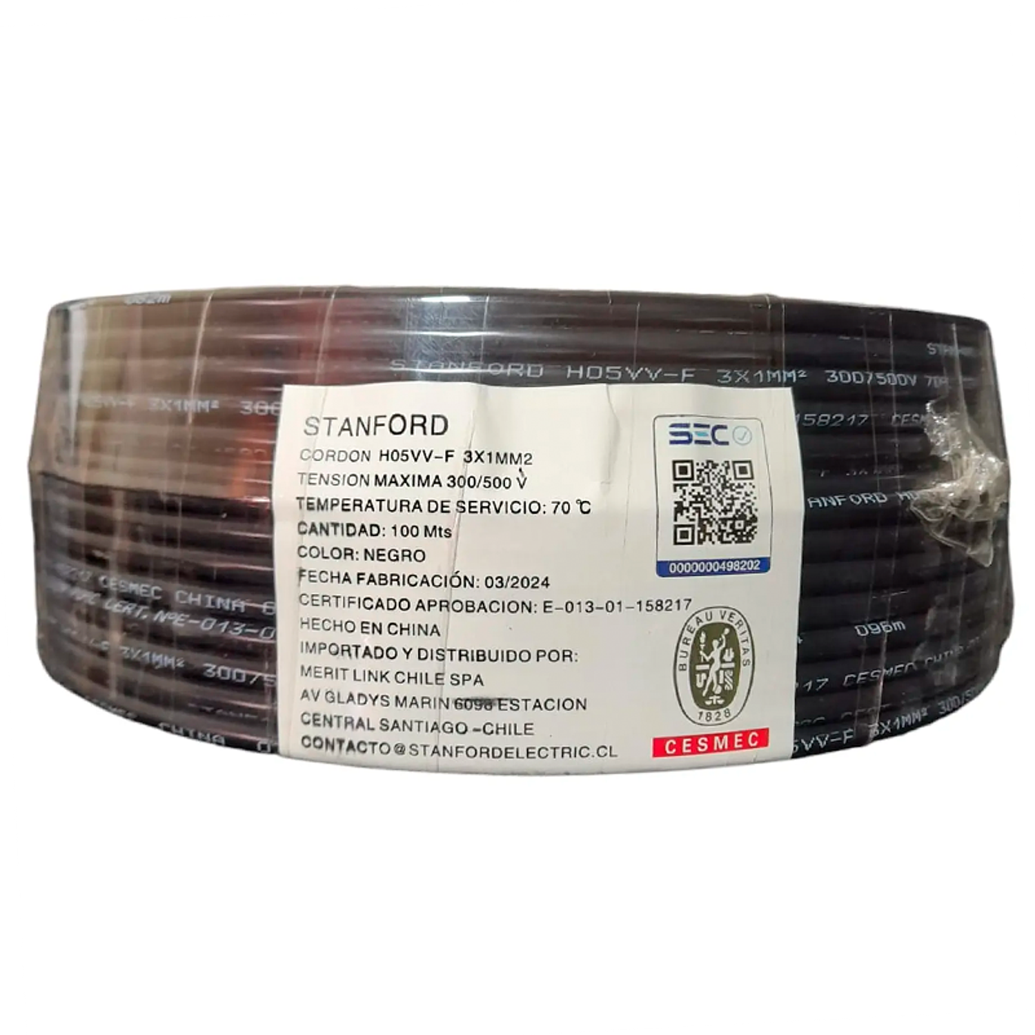 Cable Cordón Eléctrico 3x1,0 Mm2, Rollo 100 Mt Sec Stanford 1