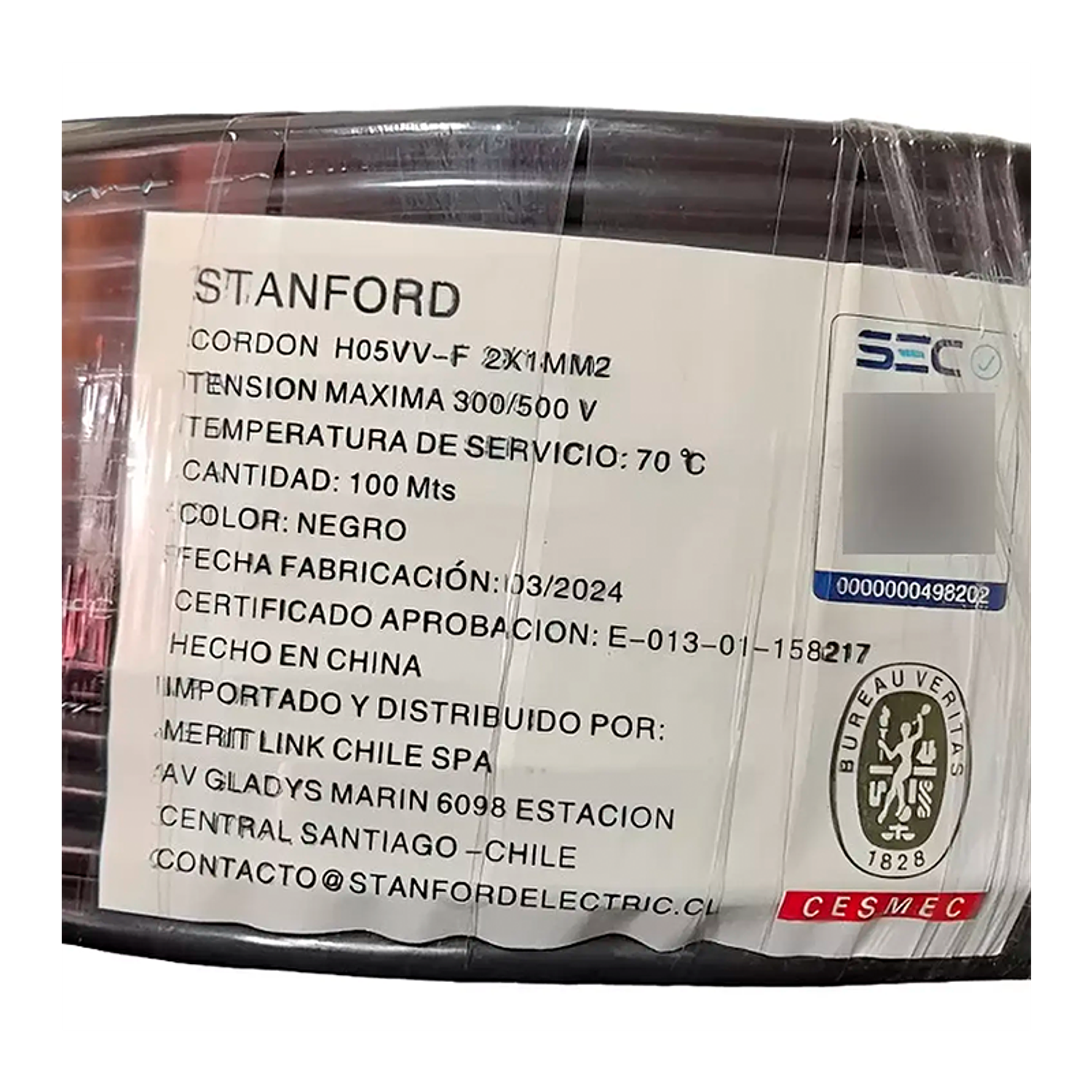 Cable Cordón Eléctrico 2x1,0 Mm2, Rollo 100 Mt Sec Stanford 1