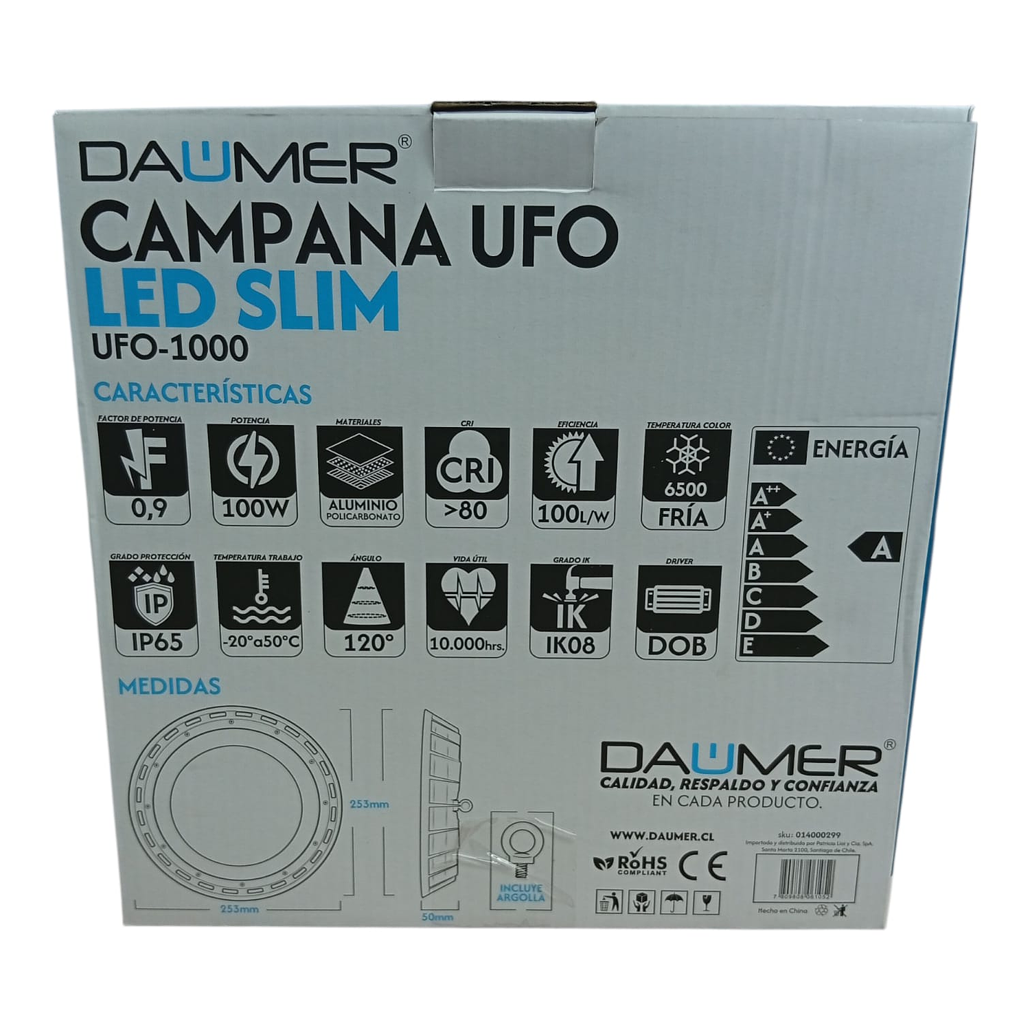 Campana Led Ufo Slim 100w Luz Fría 6500k Ip65 Daumer 8
