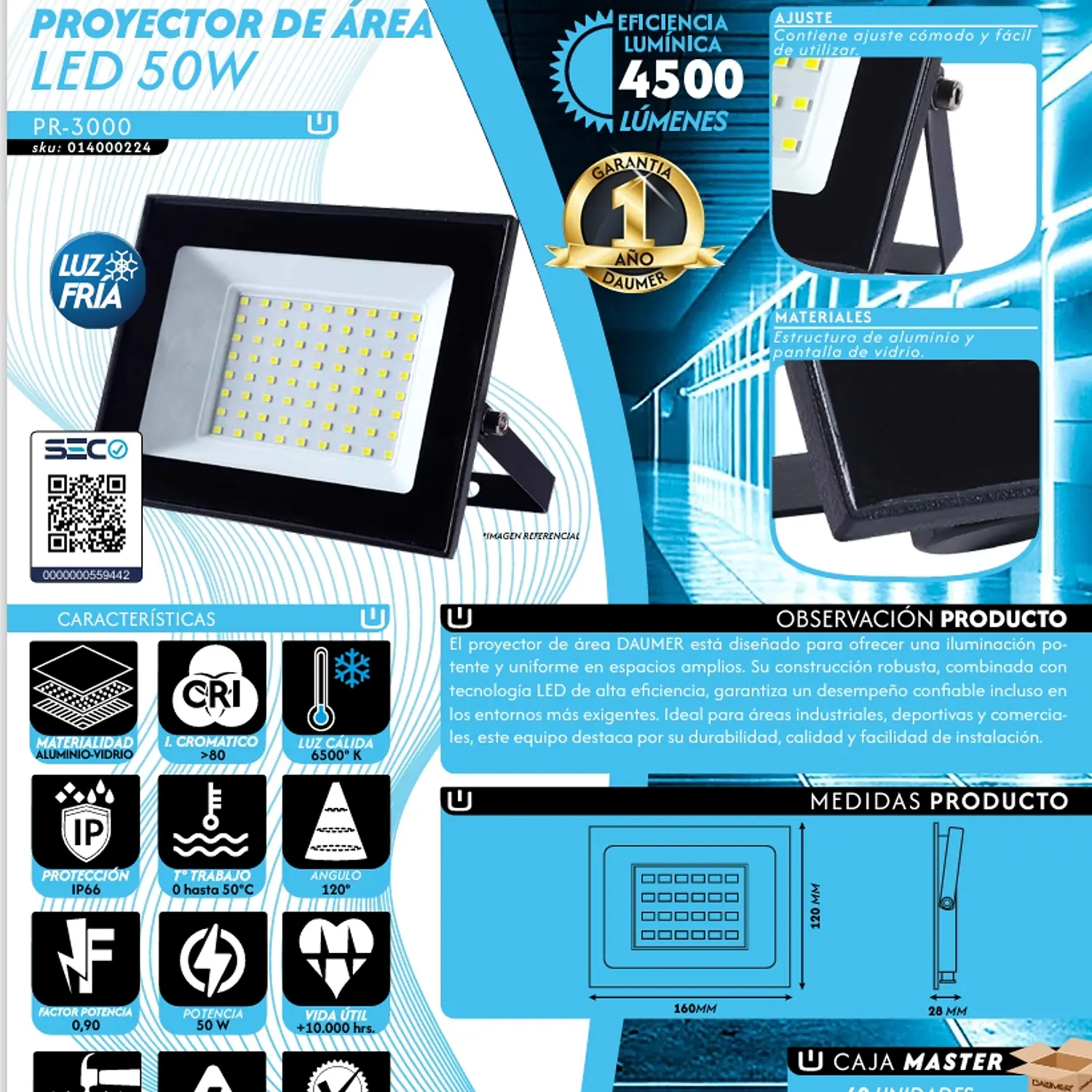 Foco Proyector Led Slim (fría) 50 Watts Daumer Cert Sec 7