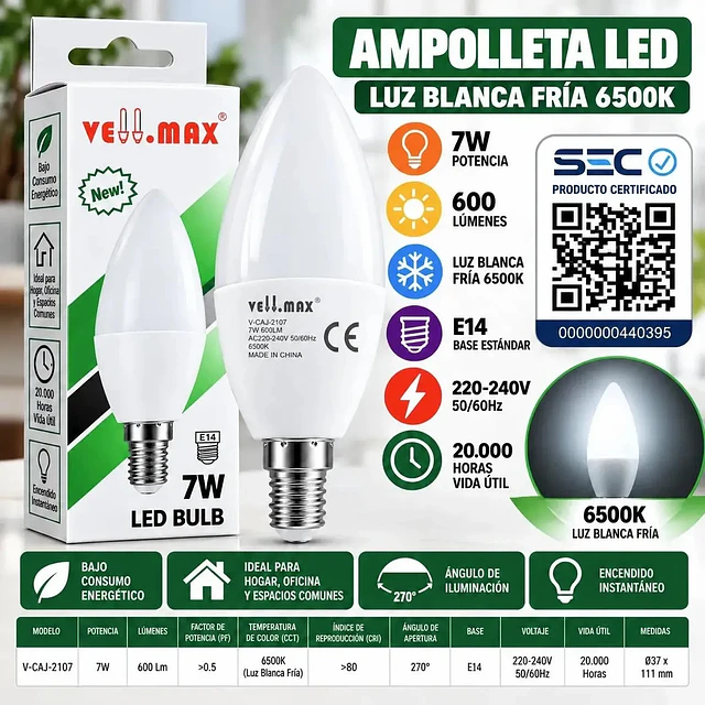 Ampolleta Led Vela 7w E14 Luz Fría 6500k 600 Lm VELLMAX cert. Sec
