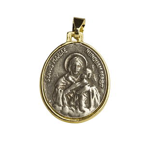 Medalla Ovalada Virgen de Schoenstatt con peltre y enchape en oro