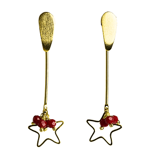 Aros Estrellas Colgantes enchapado en oro con brillos rojos